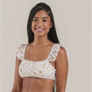 Rylee + Cru ruffle sleeve bikini top white & tan birds & floral print size small